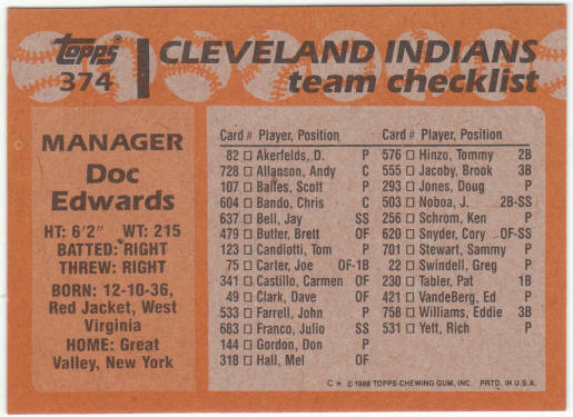1988 Topps Baseball #374 Doc Edwards MG Variation