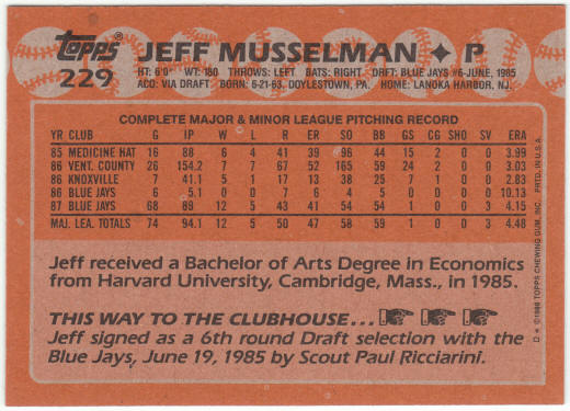 1988 Topps Baseball #229 Jeff Musselman Correct