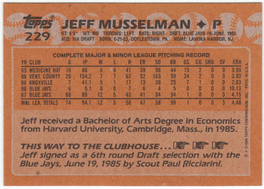 1988 Topps Baseball #229 Jeff Musselman Error