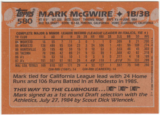 1988 Topps Baseball #580 Mark McGwire