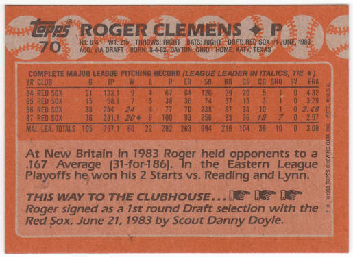 1988 Topps Baseball #70 Roger Clemens