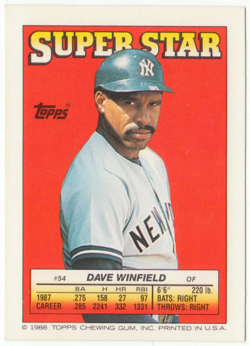 1988 Topps Superstar Card Baseball #54 Dave Winfield