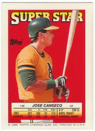 1988 Topps Superstar Card #48 Jose Canseco