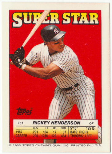 1988 Topps Superstar Card #51 Rickey Henderson
