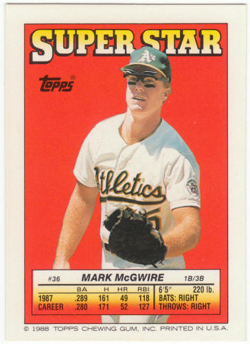 1988 Topps Superstar Card #36 Mark McGwire