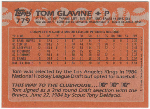 1988 Topps Baseball #779 Tom Glavine Rookie Card