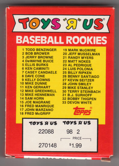 1988 Topps Baseball Toys R Us Rookies Card Set back