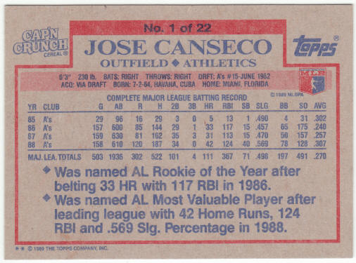 1989 Cap'n Crunch Topps Baseball #1 Jose Canseco