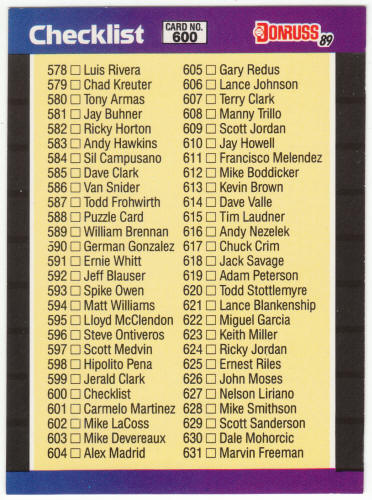 1989 Donruss Baseball #600A Checklist Error