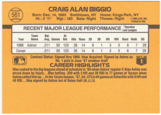 1989 Donruss #561 Craig Biggio