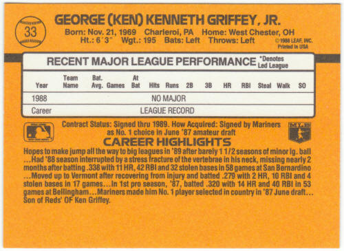 1989 Donruss Baseball #33 Ken Griffey Jr Rookie Card