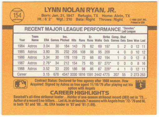 1989 Donruss Baseball #154 Nolan Ryan