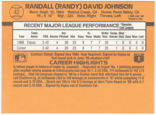 1989 Donruss Randy Johnson #42 Rookie Card