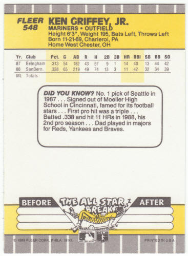 1989 Fleer Baseball #548 Ken Griffey Jr Rookie Card