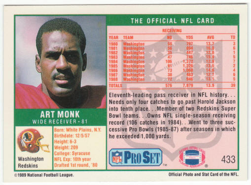 1989 Pro Set Football #433 Art Monk