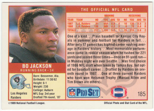 1989 Pro Set Football #185 Bo Jackson