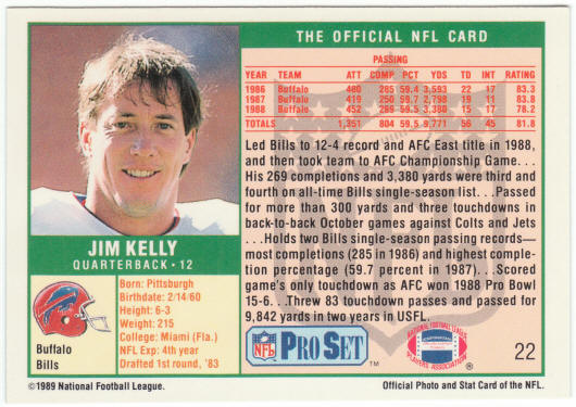 1989 Pro Set Football #22 Jim Kelly