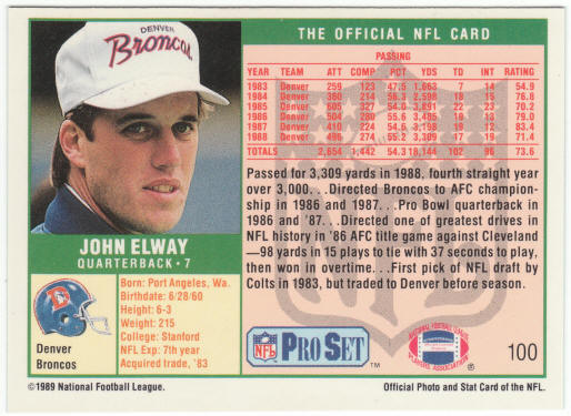 1989 Pro Set Football #100B John Elway