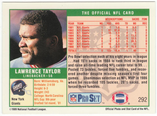1989 Pro Set Football #292 Lawrence Taylor