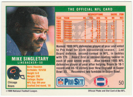 1989 Pro Set Football #50 Mike Singletary
