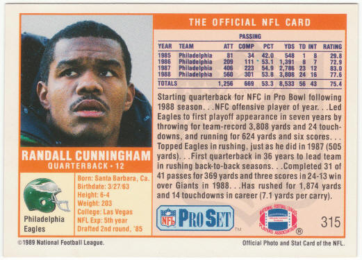 1989 Pro Set Football #315 Randall Cunningham