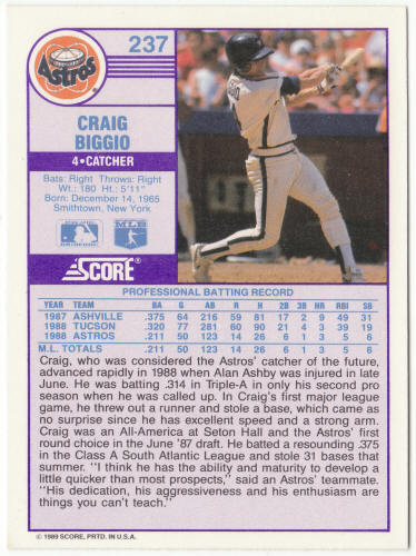 1989 Score #237 Craig Biggio