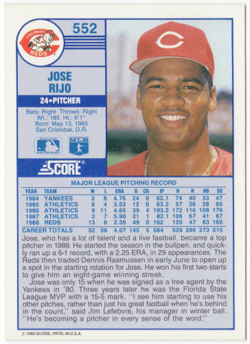 1989 Score Baseball #552A Jose Rijo Error Card