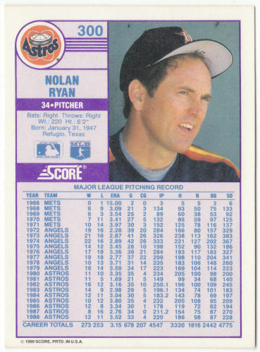 1989 Score Baseball #300 Nolan Ryan