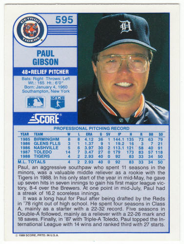 1989 Score #595a Paul Gibson Error Rookie Card