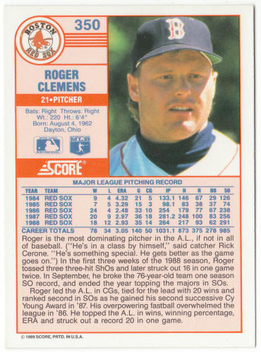 1989 Score Baseball #350B Roger Clemens Corrected