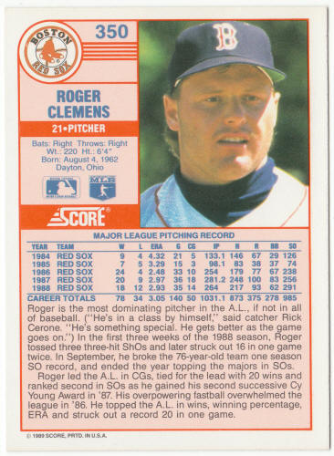 1989 Score Baseball #350B Roger Clemens Corrected