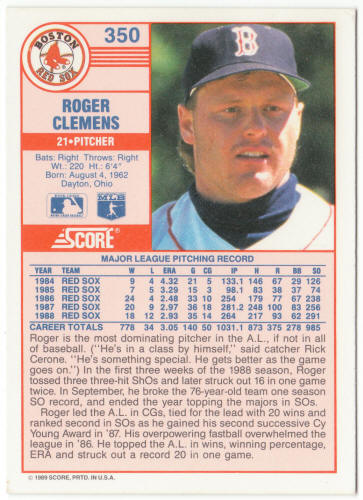 1989 Score Baseball #350A Roger Clemens Error