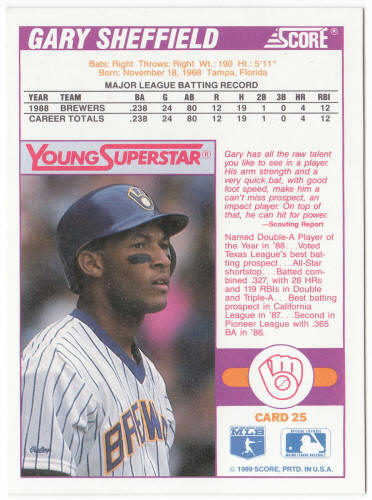 1989 Score Young Superstars Baseball #25 Gary Sheffield Rookie Card