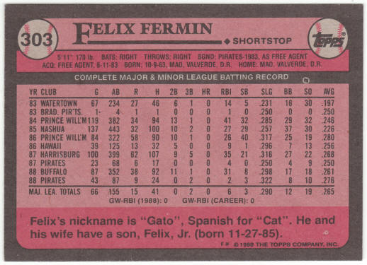 1989 Topps Baseball #303 Felix Fermin VAR