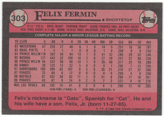 1989 Topps Baseball #303 Felix Fermin VAR