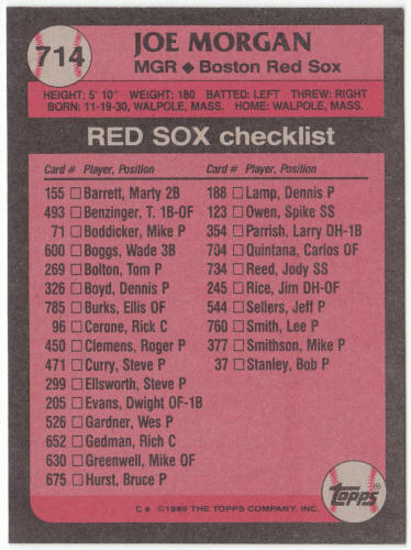1989 Topps Baseball #714A Joe Morgan MG ERR