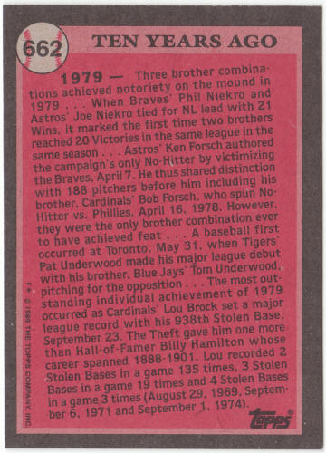 1989 Topps Baseball #662 Lou Brock Error Card