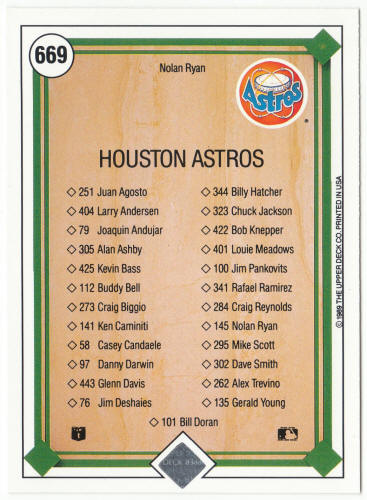 1989 Upper Deck Baseball #669 Nolan Ryan Team Checklist