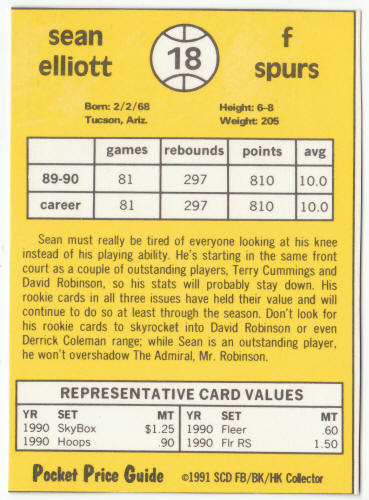 1990-91 SCD #18 Sean Elliott Pocket Price Guide Card