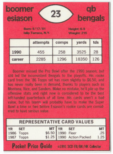 1990-91 SCD #23 Boomer Esiason Pocket Price Guide Card