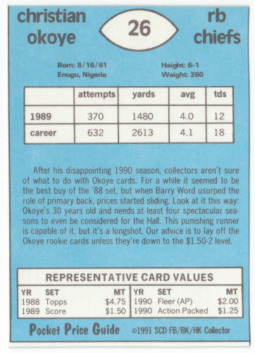 1990-91 SCD #26 Christian Okoye Pocket Price Guide Card