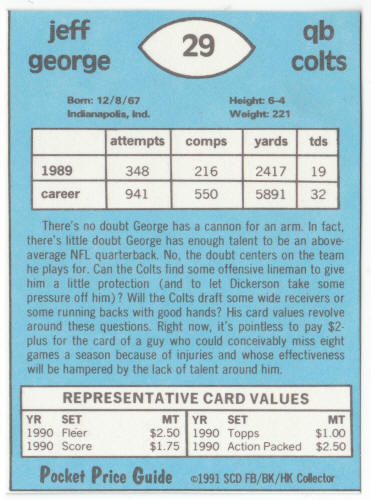 1990-91 SCD #29 Jeff George Pocket Price Guide Card