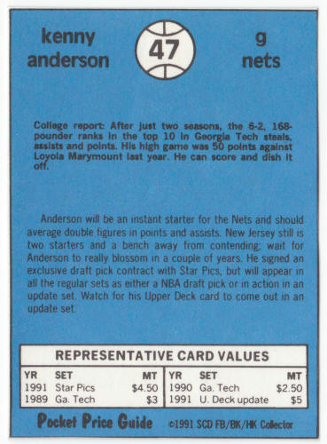 1990-91 SCD #47 Kenny Anderson Rookie Year Pocket Price Guide Card