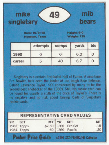 1990-91 SCD #49 Mike Singletary Pocket Price Guide Card