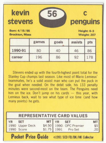 1990-91 SCD #56 Kevin Stevens Pocket Price Guide Card