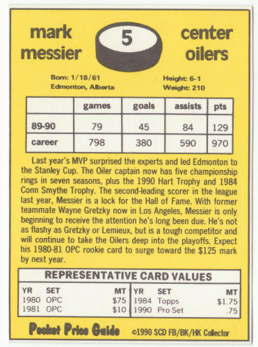 1990-91 SCD #5 Mark Messier Pocket Price Guide Card