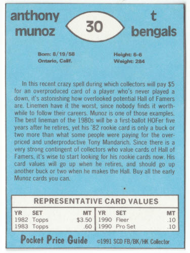 1990-91 SCD #30 Anthony Munoz Pocket Price Guide Card back