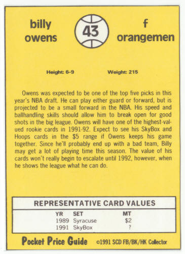 1990-91 SCD #43 Billy Owens Pocket Price Guide Card