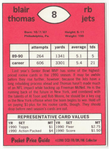 1990-91 SCD #8 Blair Thomas Pocket Price Guide Rookie Card