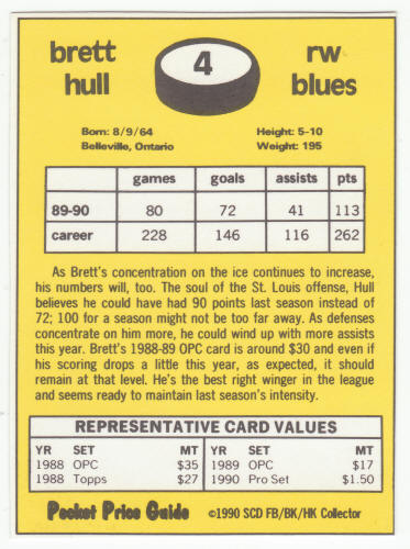 1990-91 SCD #4 Brett Hull Pocket Price Guide Card back